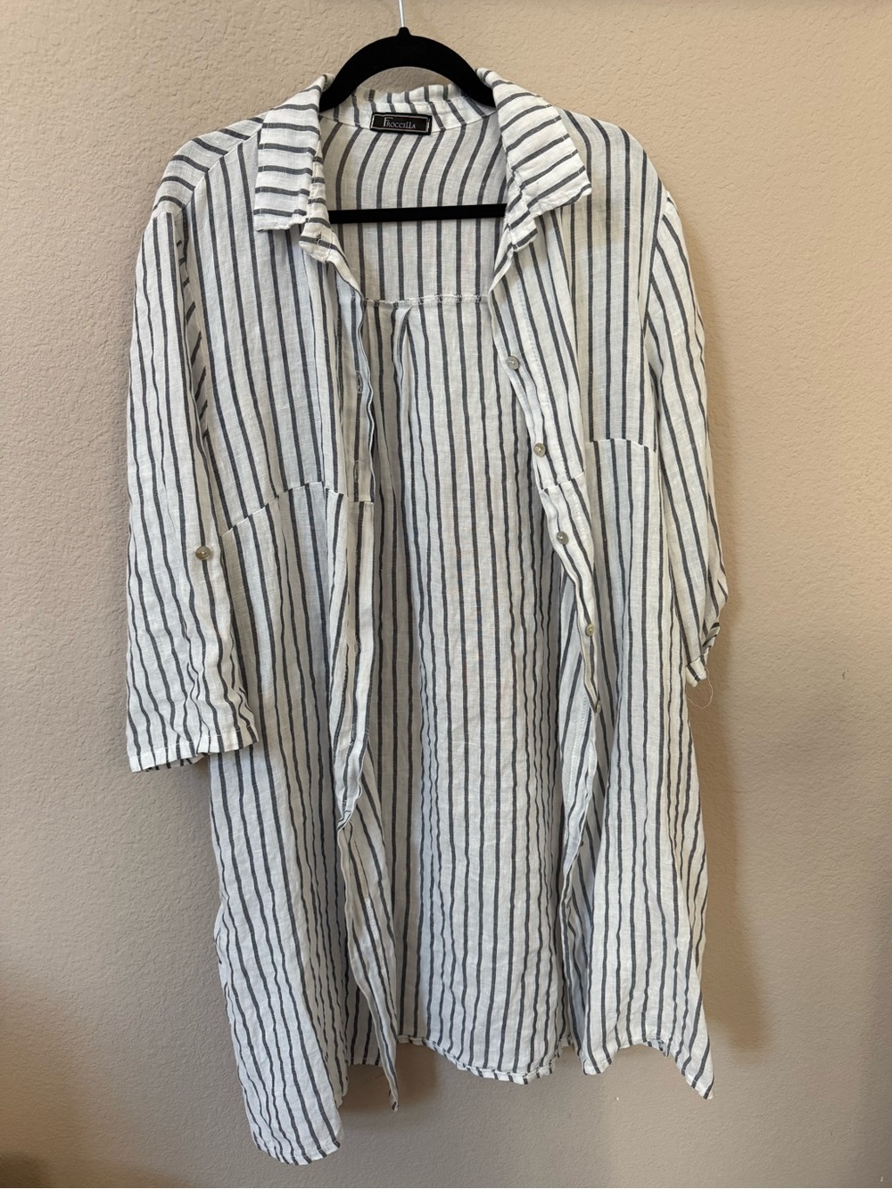 NWT Froccella Italian 100% Linen Striped Button Down Tunic Dress / Shirt OS